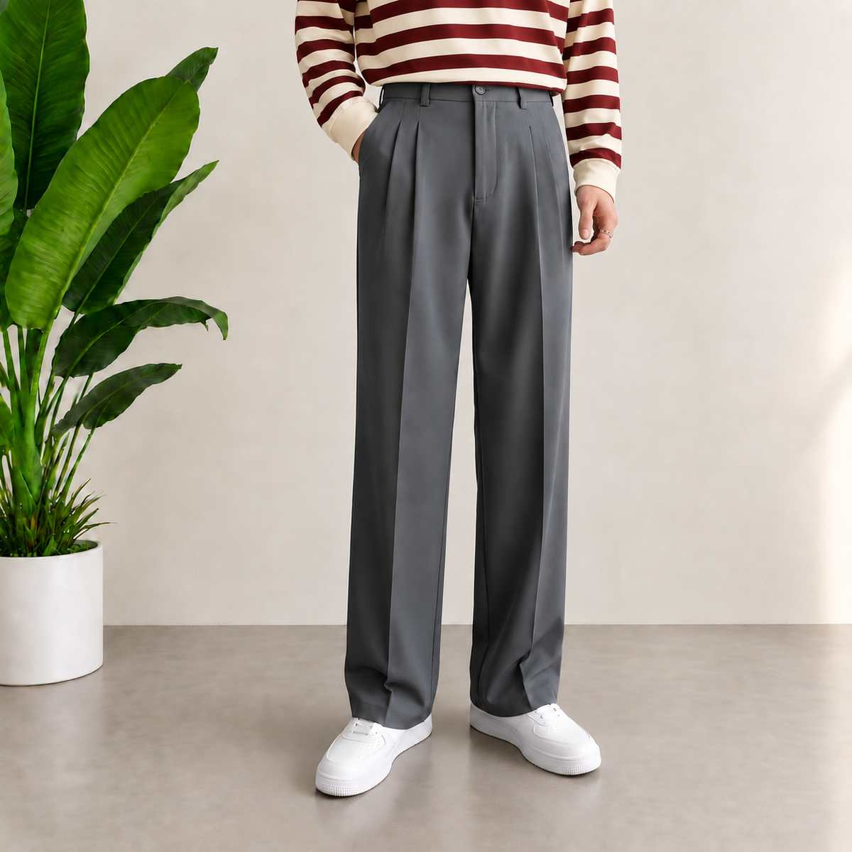 Korean Baggy Double Pleated Formal Pants in Deep Ash