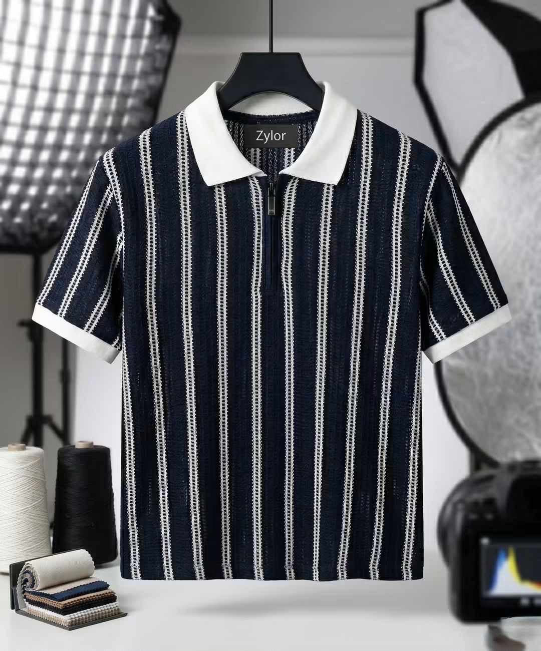 Navy & White Striped Zipper Polo