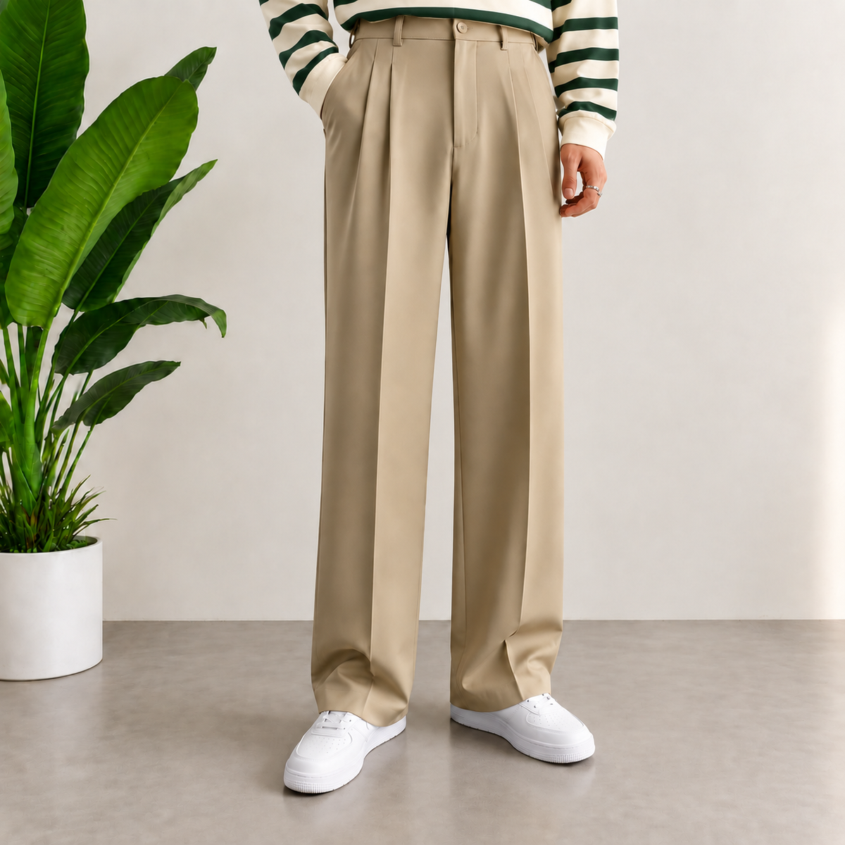 Korean Baggy Double Pleated Formal Pants in Beige
