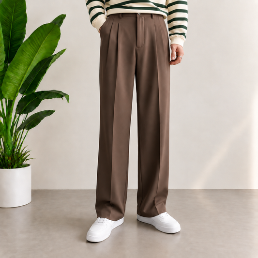 Korean Baggy Double Pleated Formal Pants in Coffee