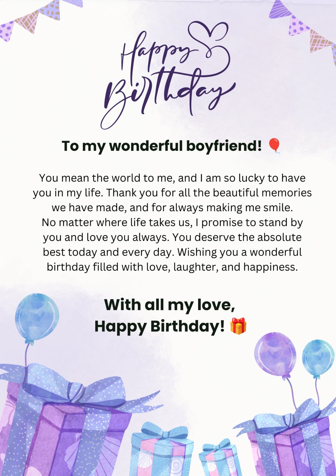 Ready-Made Birthday Gift Card for Boyfriend