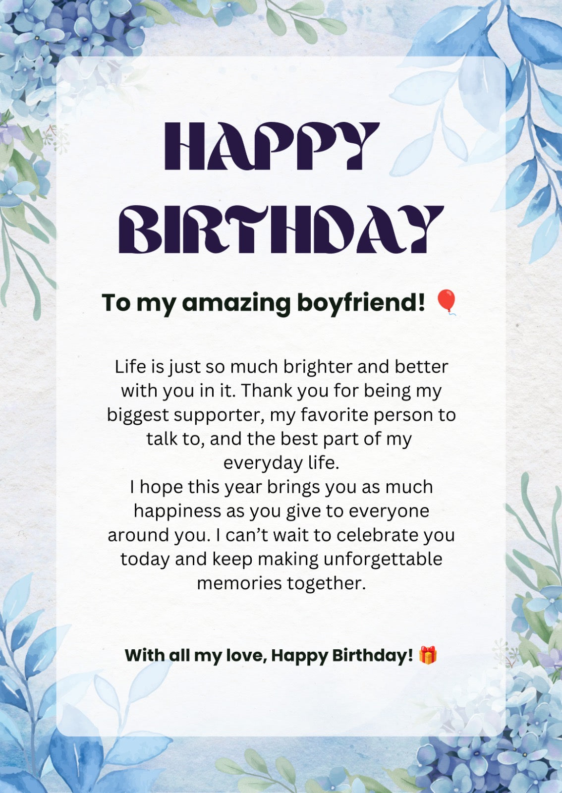 Ready-Made Birthday Gift Card for Boyfriend