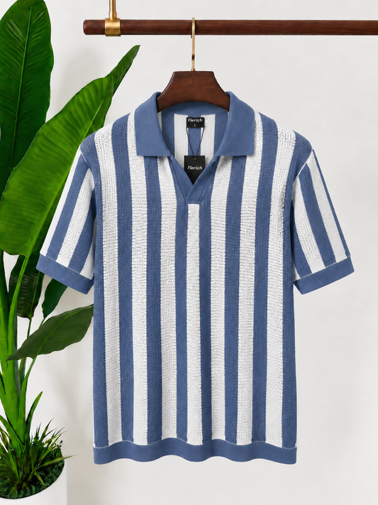Blue & White Vertical Striped Knit Polo