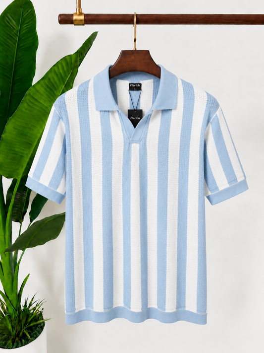 Light Blue & White Vertical Striped Knit Polo Shirt