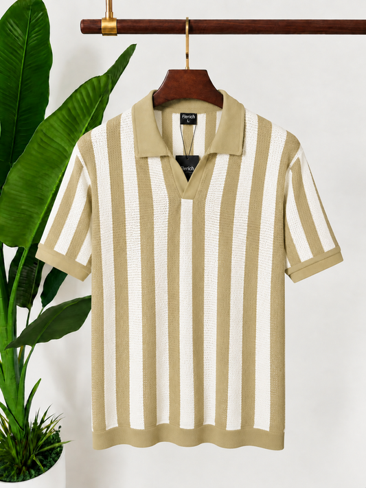 Beige & White Vertical Striped Knit Polo Shirt