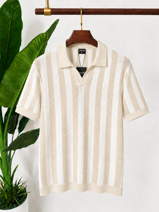 Cream & White Vertical Striped Knit Polo Shirt