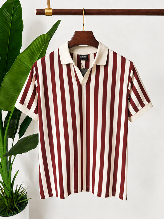 Cream & Brick Maroon Vertical Stripe Polo