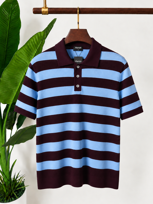 Burgundy & Light Blue Striped Fine-Knit Polo Shirt