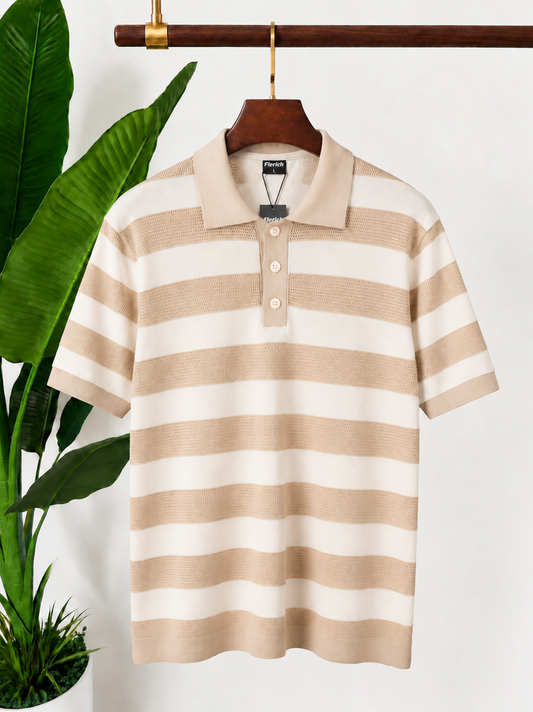 Beige & White Striped Fine-Knit Polo Shirt