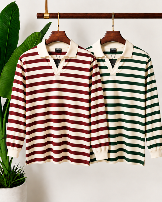 Men's Full Sleeve Polo Set: Bottle Green & Brick Maroon