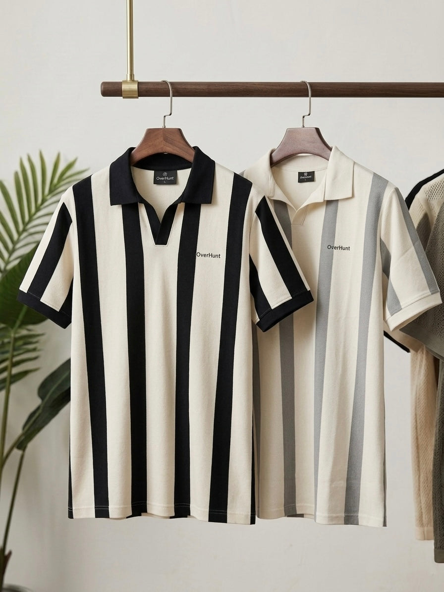Cream Ash & Navy Stripe Polo Set