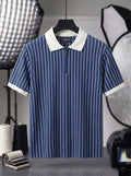 Navy Blue & White Striped Knit Zipper Polo