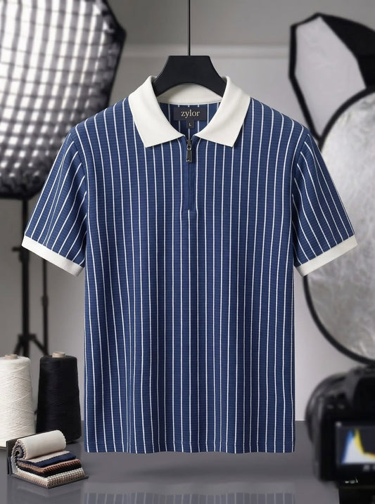 Navy Blue & White Striped Knit Zipper Polo
