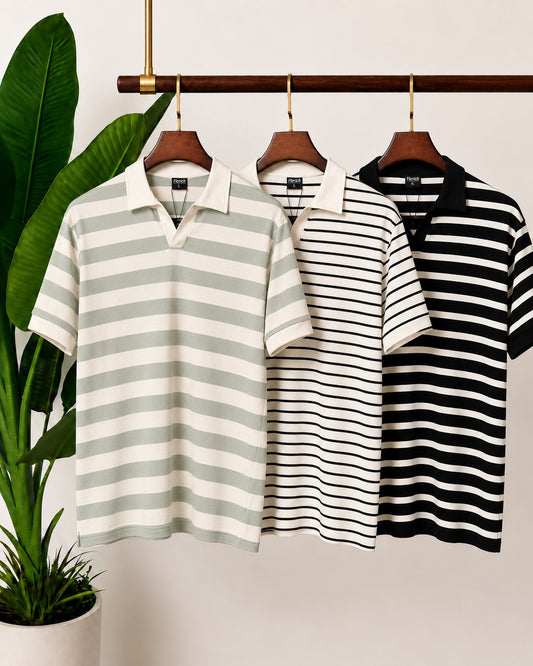 The Sage, Cream & Black Stripe Polo Set