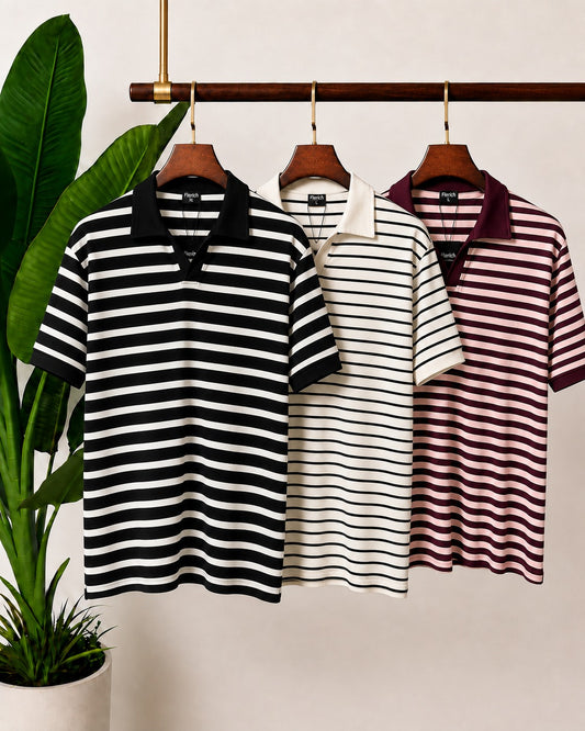 The Burgundy & Dual Black Stripe Polo Set