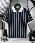 Navy & White Striped Zipper Polo
