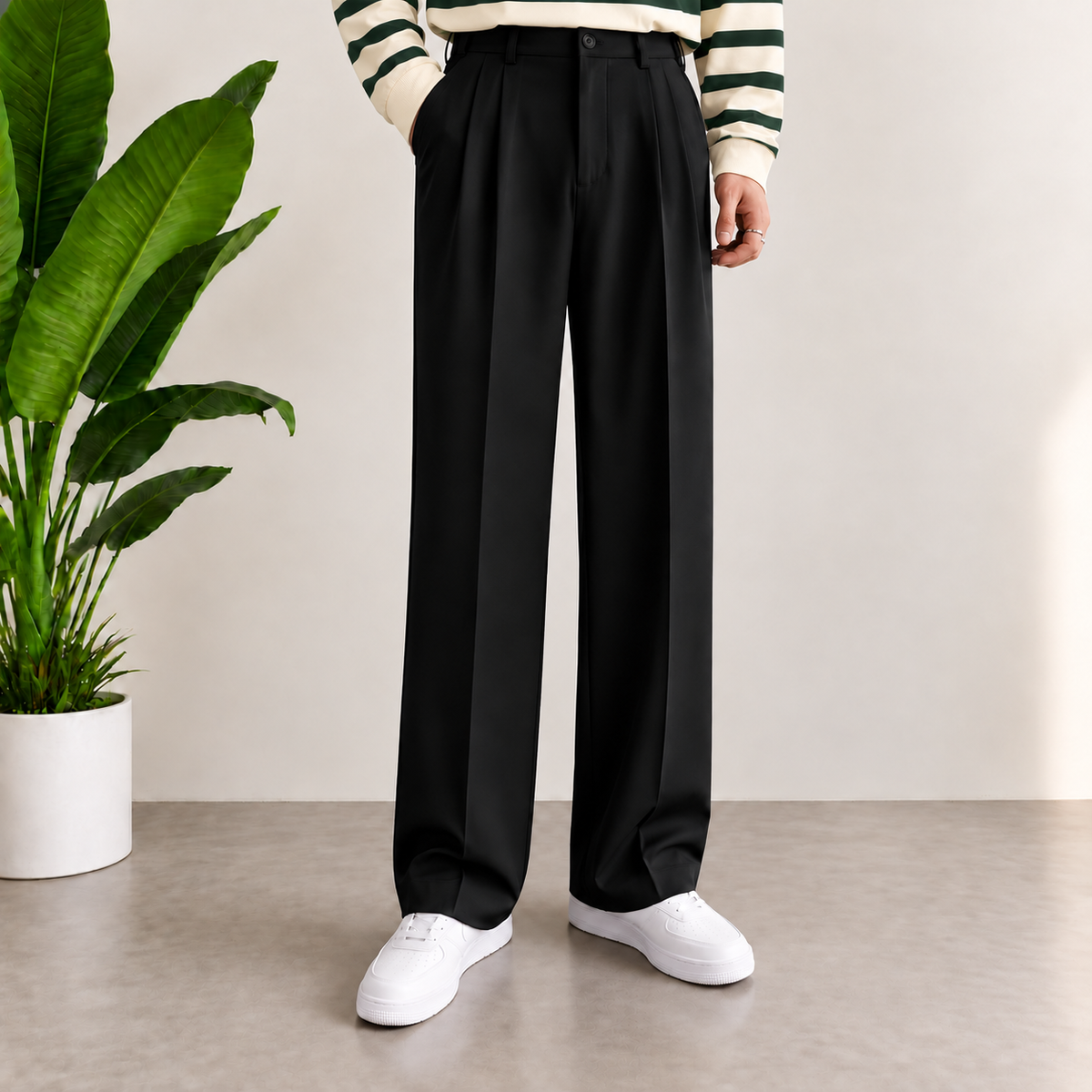 Korean Baggy Double Pleated Formal Pants in Black